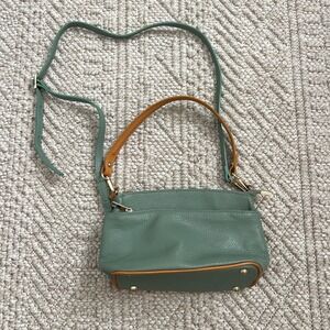Sage Green Pebbled Leather Multi Zip Crossbody Bag with Tan Trim